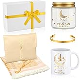 Frienda 6 Pcs Islamic Ramadan Eid Gifts Muslim Prayer Rug with Tasbih Eid Mubarak Mug Ramadan Scented Candles Allah Gold Bangles Bracelets Islamic Gift Box for Muslim Men and Women