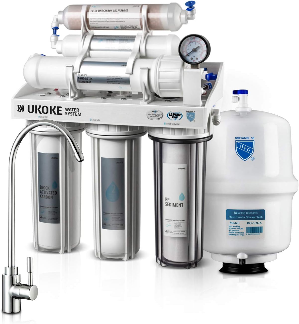 Ukoke RO75GP 6 Stages Reverse Osmosis Water Filtration System, Under Sink pH+ Alkaline Remineralizing RO filter & Softener, NSF/ANSI 58 & IAPMO Platinum Seal Certified, 75 GPD, White with Pump - - 