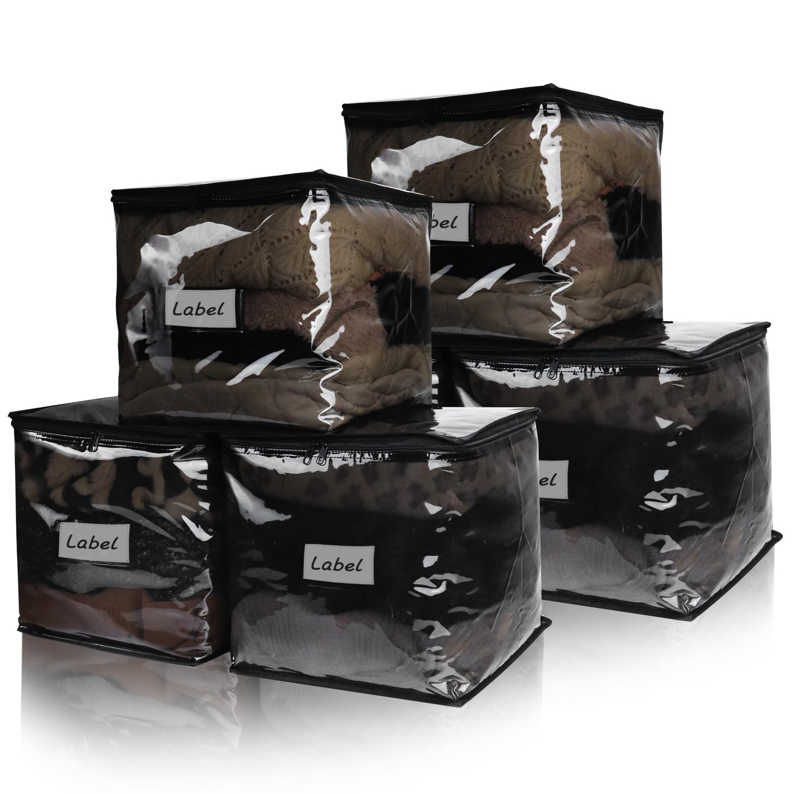 Heonay Clear Zippered Storage Bags Plastic Sweater Storage Bags with Zipper 6 Packs Clothing Organizer for Blankets Linen Sweater Bed Sheet Quilt Clothes Pillow (12 x 12 x 12 Inch, Black)