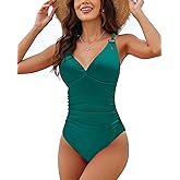 Charmo Tummy Control One Piece Swimsuits for Women Ribbed Ruched Bathing Suit V Neck Strappy Monokini
