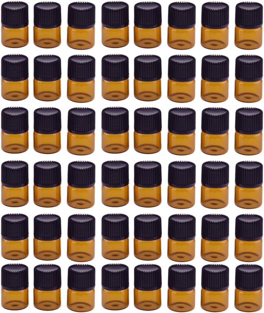 Halay 48Pcs 1ml Small Sample Dark Brown Glass Jars with Black Lids for Aromatherapy Essential Oil