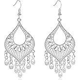 Teppdfann Silver 14K Gold & Rose Gold Plated Boho Chandelier Earrings – Intricate Bohemian Earrings with Filigree and Tassel Earrings for Women Trendy