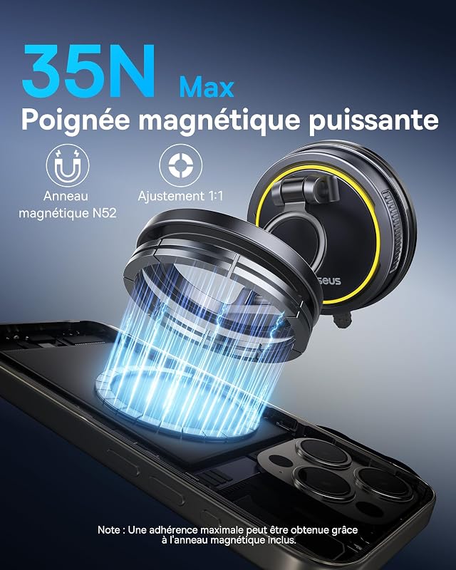 VC2 Flex Support Téléphone Voiture Magnétique à Ventouse, Support Magsafe Voiture pour Tableau de Bord et Pare-Brise, Réglable à 720° et Pliable pour iPhone 16 15 14 13 Pro Max