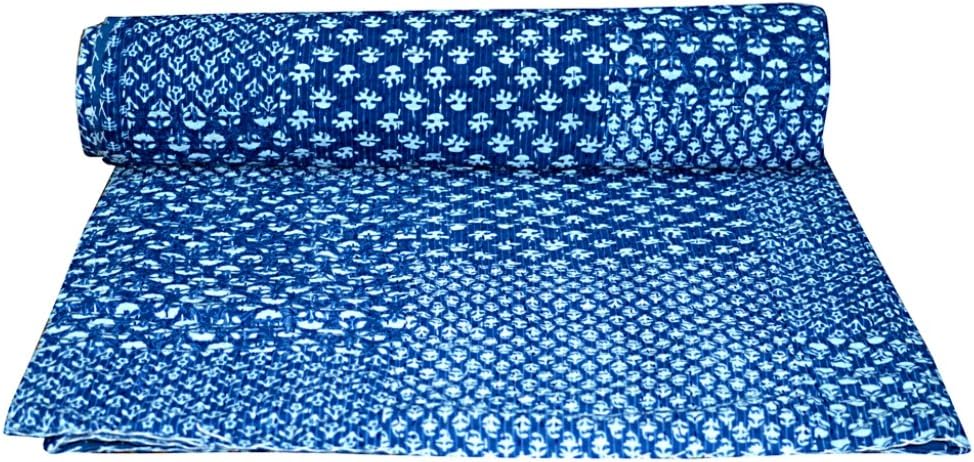 Vedant Designs Indian Natural Indigo Color, Handmade Kantha Stitch Quilt, Bed Spread, Throw.