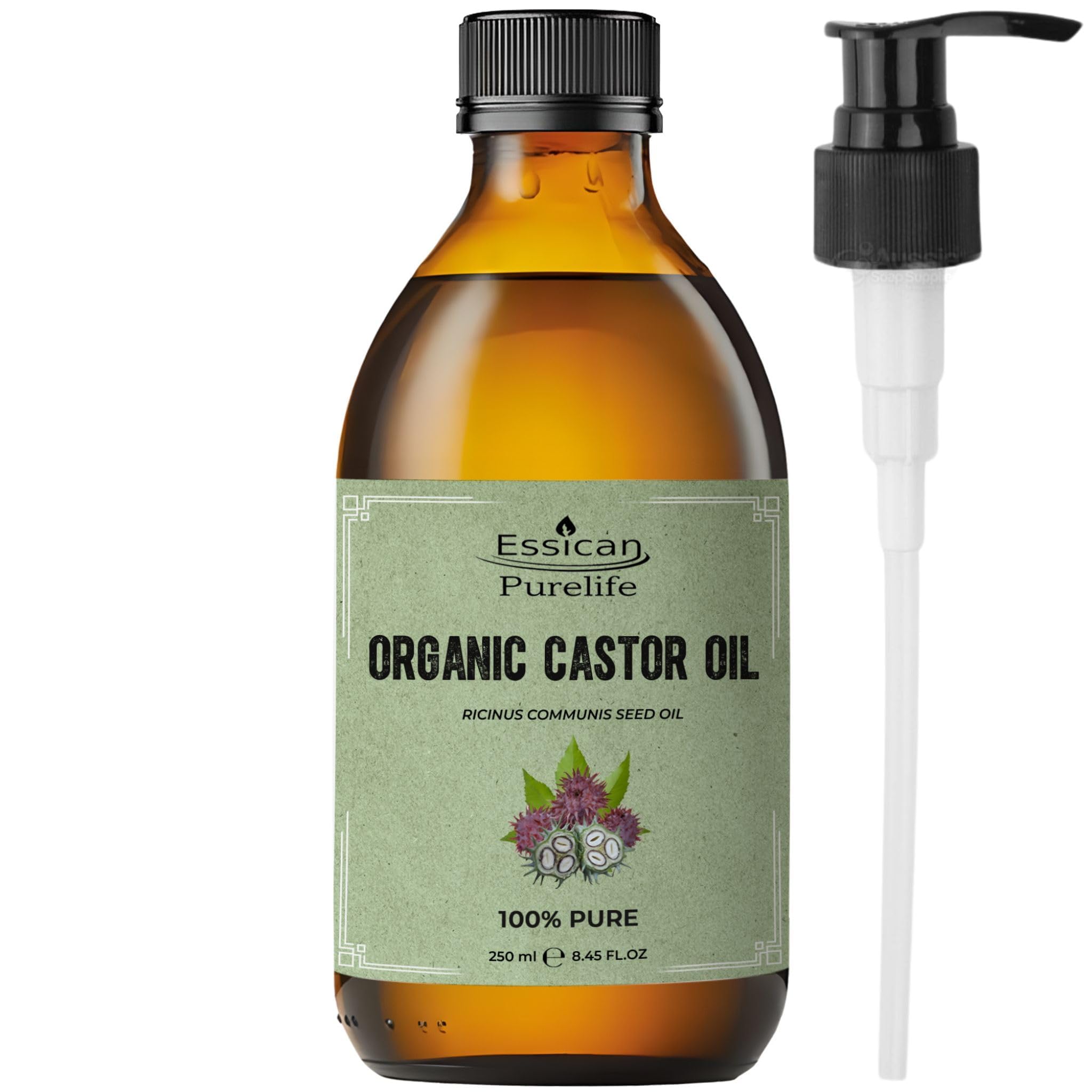 Essican Purelife Castor Oil Organic Hexane Free Glass Bottle with Pump 250ml (Pack of 1)- Pure Organic Castor Oil Cold Pressed Natural for Healthy Skin Face Body Eyelashes Brow Hair Growth Vitamin E