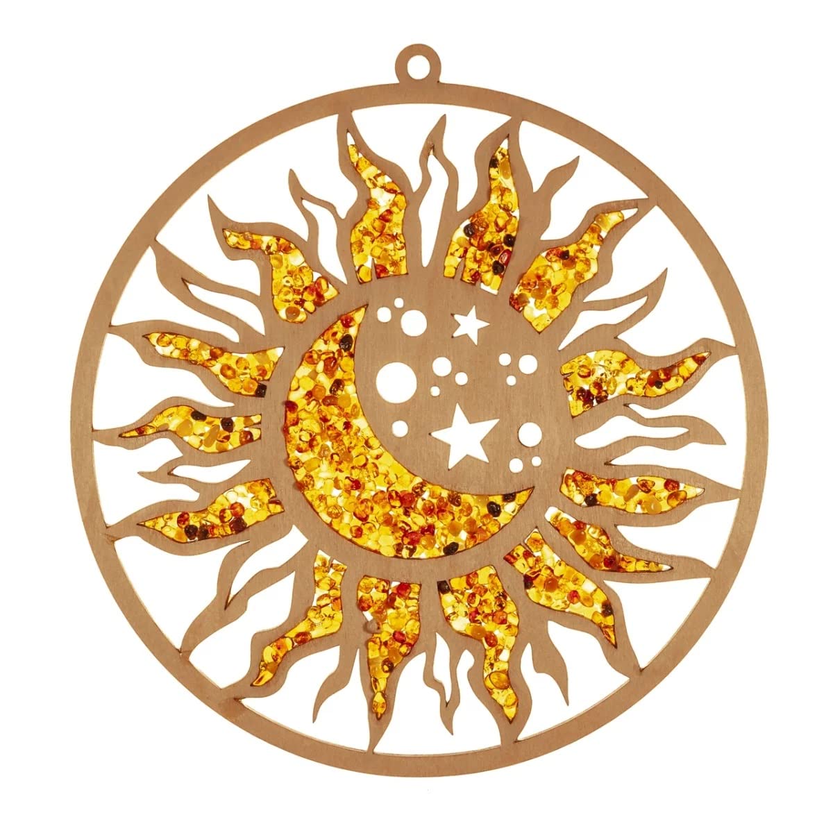 Window Decoration Sun Catcher Very Large Suncatcher Amber in Birch Wood Sun, Moon and Stars Diameter 30 mm with Suction Cup Hook 35 mm