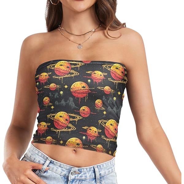 Womens Tube Tops Funny Face Pizza Planet Mesh Crop Top Strapless