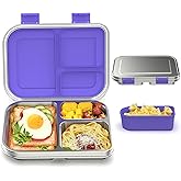 BABHAMNESS Stainless Steel Bento Box Kids, 3 Compartments Leak Proof Metal Bento Lunch Box, 304 Stainless Steel Bento Lunch Containers for School and Office,Dishwasher Safe, BPA-Free-Purple