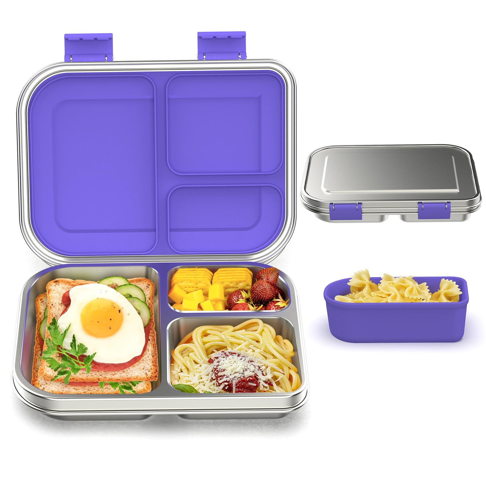 Photo 1 of BABHAMNESS Stainless Steel Bento Box Kids, 3 Compartments Leak Proof Metal Bento Lunch Box, 304 Stainless Steel Bento Lunch Containers for School and Office,Dishwasher Safe, BPA-Free-Purple