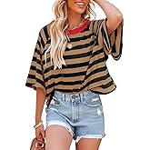 Dokotoo Tops for Women Striped 2026 Fashion T Shirts for Women Color Block Crewneck Design Loose Basic Tee