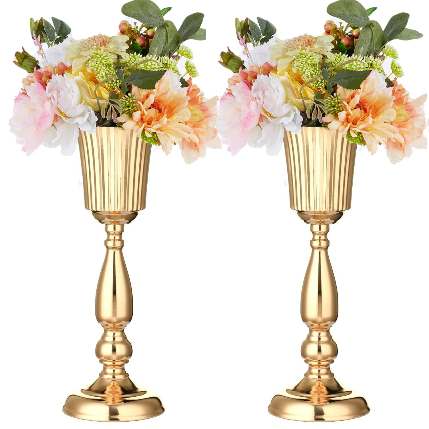 Photo 1 of (USED/FAIR) 2 Pcs Gold Vase Centerpiece Table Decorations - Metal Tabletop Flower Stand, Wedding Decorations for Reception, 15.6in Trumpet Tall Flower Vase for Birthday, Weddings, Anniversary Ceremony, Home Decor