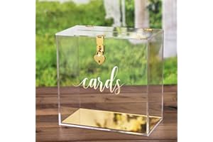 UNIQOOO Clear Acrylic Card Box w/Lock, Thick Wedding Box w/Slot Gold Foil Print, Large 10x10x5.5 in, for Reception Decoration