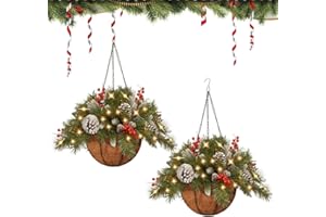 Christmas Hanging Baskets for Outdoors, Pre-Lit Artificial Christmas Hanging Basket, Festive Hanging Planter with LED Lights,