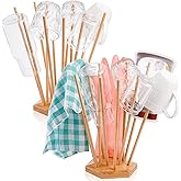 Elsjoy Set of 2 Plastic Bag and Bottle Drying Racks, Bamboo Dryer Rack Stand with 12 Sticks, Reusable Bag Cup Drainer Holder 