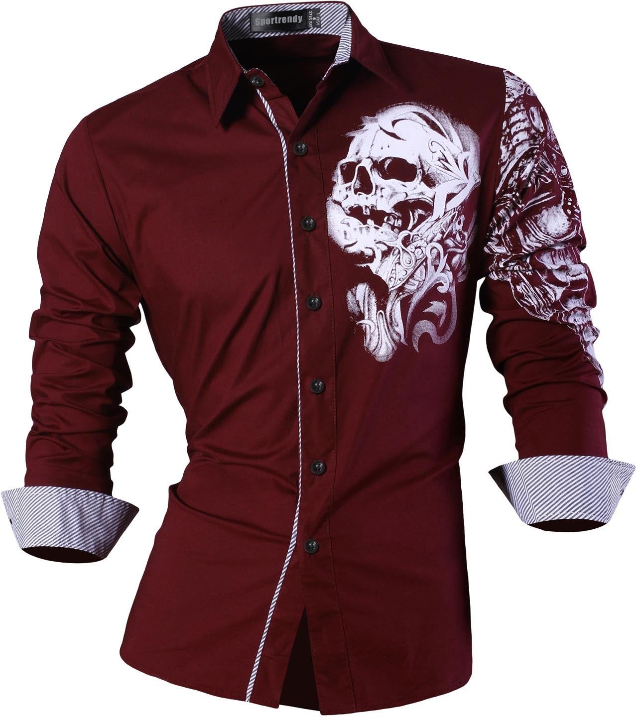 Sportrendy Men Casual Slim Dragon Tattoo Long Sleeve Button Down Dress Shirt JZS041