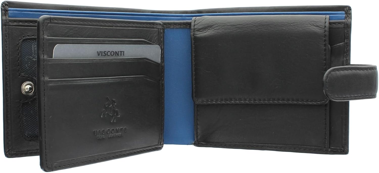VISCONTI Parma Collection Leonardo Two Tone Gents Leather Bi-Fold Wallet PM102 Black/Cobalt, Black/ Cobalt