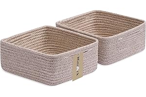 MiniArk Small Square Shallow Baskets for Organizing, 9.7x9.7x4.3 Inch Rope Woven Storage Bins for Cubes Closet, Shelves Storage, Boho Decorative Basket, 2 Packs Mixed Brown