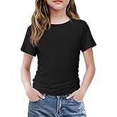 Arshiner Girls Shirts Side Ruched Short Sleeve Crewneck Fitted Tops Casual Summer Soft Tee Clothes 5-12 Years