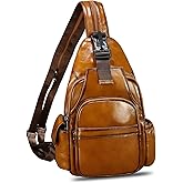 LRTO Genuine Leather Sling Bag for Men and Women Handmade Sling Backpack Purse Chest Over Shoulder Crossbody Bag Large Capacity (Brown)