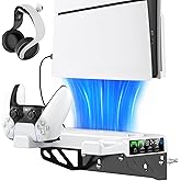 PS5/Slim/Pro Wall Mount Kit with Cooling Fan & Charging Station, PS5 Shelf Floating Mount for All PlayStation 5/Slim/Pro Disc & Digital Console, PS 5 Wall Bracket Behind TV, PS Five Pro Accessories