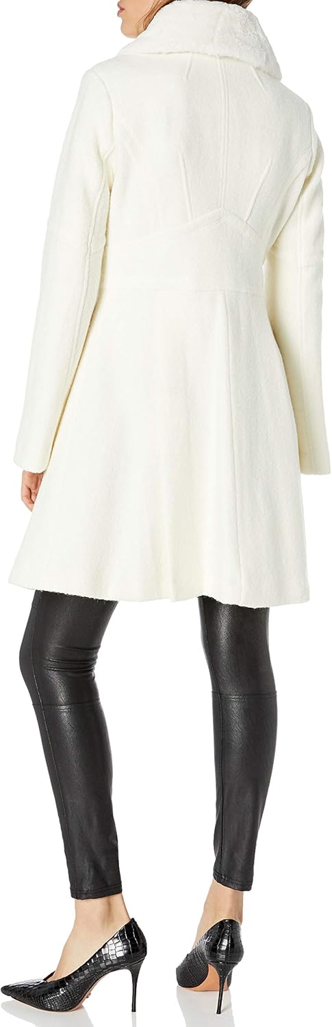 GUESS Women's Removable Faux Fur Collar Boiled Wool Coat: Clothing