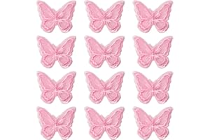 URROMA Pink Lace Butterfly Appliques for Sewing On Double Layers Lace Patches for Wedding Bride Hair Accessories (Pink, 12 pcs)