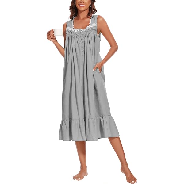 IZZY+TOBY Women's 100% Cotton Nightgown - Long Sleeveless Sleepwear, Blue, X-Large