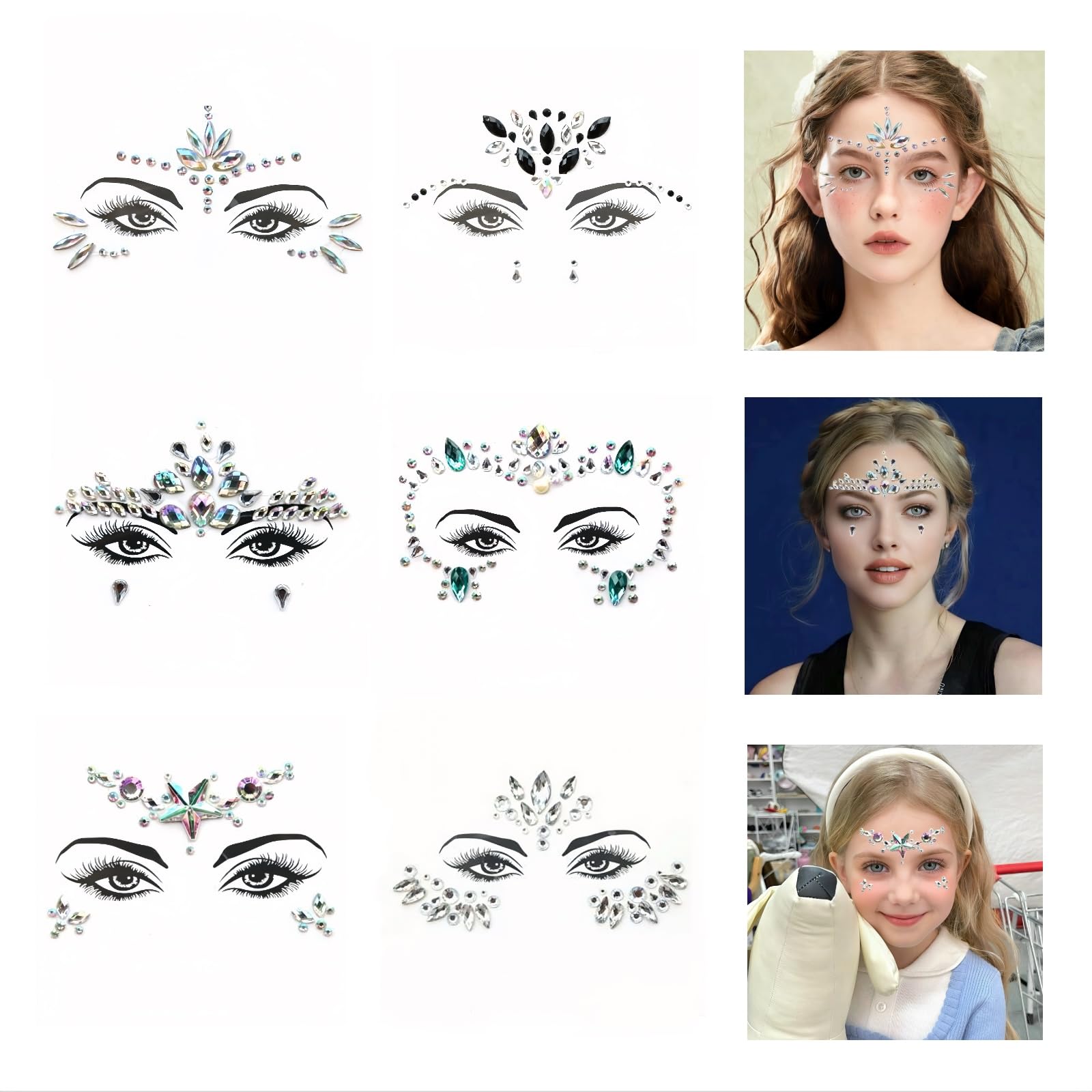 6 Pcs Face Jewels Stickers,Halloween Face Gems Stick On,Sparkling Face Gems For Festivals， Music Festivals, Parties. Masquerade Party, Carnival Night (6pcs)
