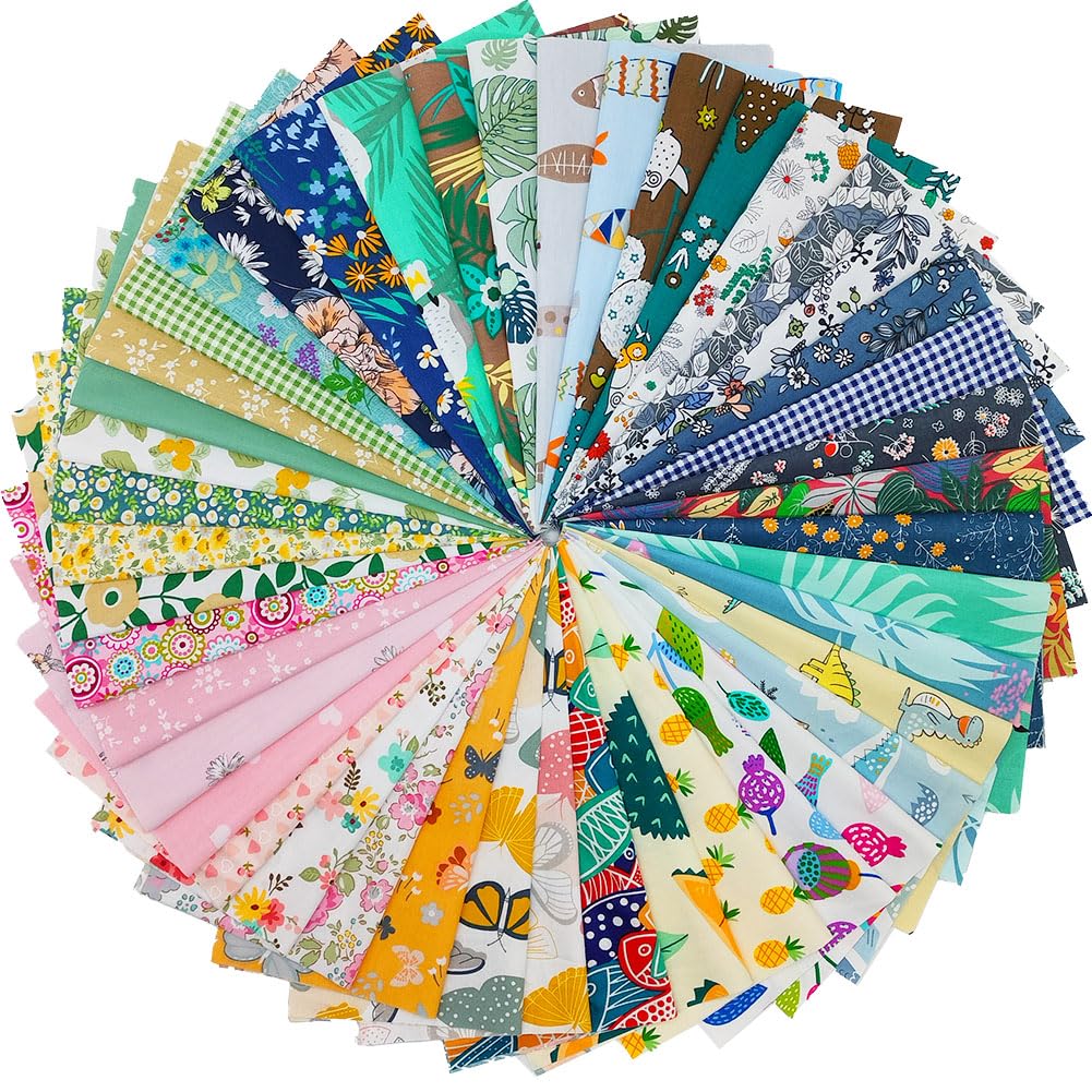QiMicody 44pcs Cotton 9.8” x 9.8”(25cm x 25cm) Quilting Fabric Bundles, Pre-Cut Squares Sheets for Patchwork Sewing Quilting Crafting, No Repeat Patterns.