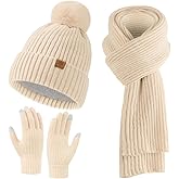 Passionbility Womens Winter Beanie Hat Scarf Gloves Set, Knitted Scarf and Hat Touchscreen Gloves Gift for Women 3 in 1 Set