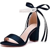 HKMFLYY Women's Open Toe Pearl Wedding Shoes for Bride High Heels Sandals Satin Bridal Block Chunky Heels Ankle Strap Prom Evening Party Pumps