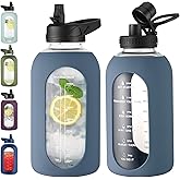 EALGRO 64 oz Glass Water Bottle With Straw and Handle, Half Gallon Sports Motivational Water Jug Flask with Silicone Sleeve, Large Water Cup with Time Marker for Travel, Gym, Dark Blue