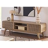 mopio Ensley 59" TV Stand with Slatted Door, Mid Century Modern Entertainment Center for 55/60/65 inch TV, Farmhouse Media Console with Storage, Adjustable Shelves, Round Edges, Living Room (Oak)