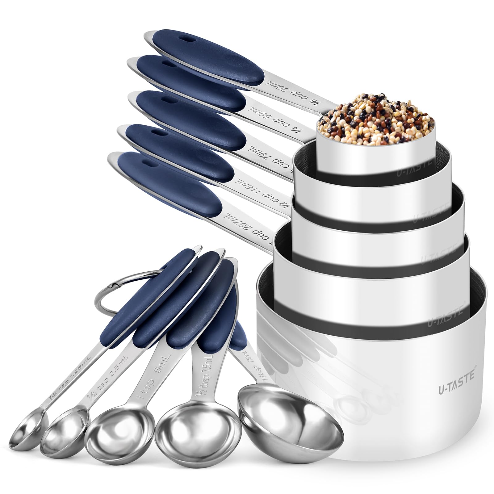 U-Taste 18/8 Stainless Steel Measuring Cups and Spoons Set of 10, Upgraded Thickness Handle (Midnight Blue)