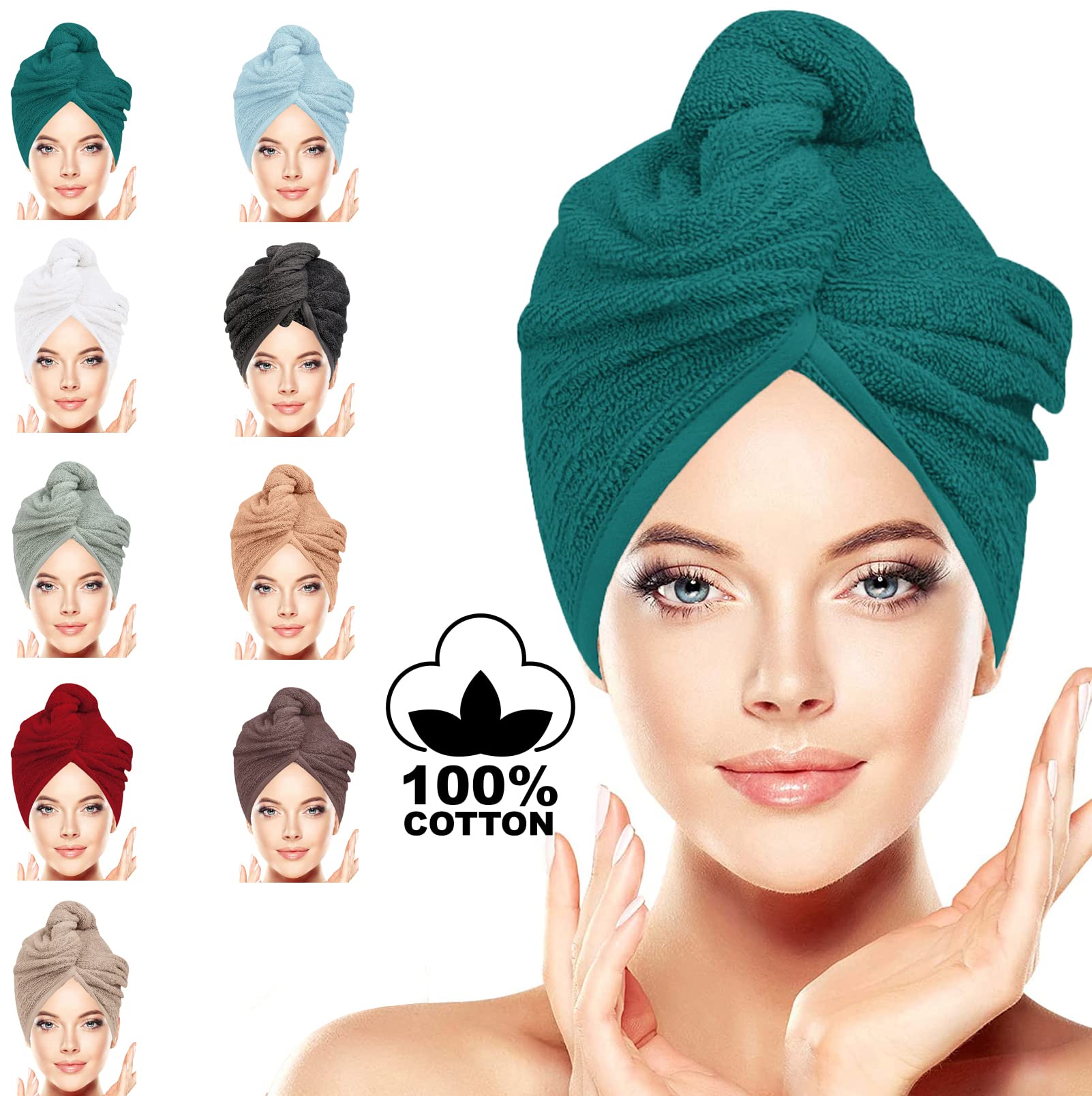 BAVIN LUXURY Hair Towel Wrap 100% Cotton, Instant Drying Lightweight Turban Cap Super Quick Absorbent Anti-Frizz Twist Toweling Dry Hat with Button Loop for Long Curly Hairs, 62CM x 23CM Teal Single