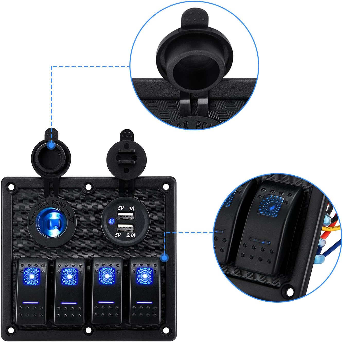 Kohree 4 Gang Marine Boat Rocker Switch Panel, 12V Waterproof LED Lighted Toggle Switches Fuse Breaker Protected Control with 12 Volt Marine USB Power Outlet for Car Boat RV Scooter Truck Vehicles: Industrial & Scientific