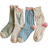 MarJunSep Cute Floral Crew Socks for Women Teen Girls Flower Cottagecore Frilly Vintage Fancy Cotton Socks
