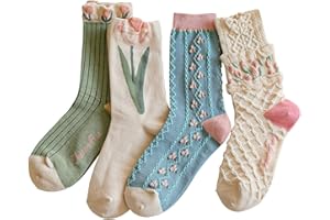 MarJunSep Cute Floral Crew Socks for Women Teen Girls Flower Cottagecore Frilly Vintage Fancy Cotton Socks