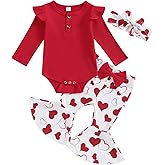 Linlinchuli Valentines Day Baby Girl Outfit Infant Long Sleeve Romper Heart Flare Pants With Headband Toddler Clothes Sets