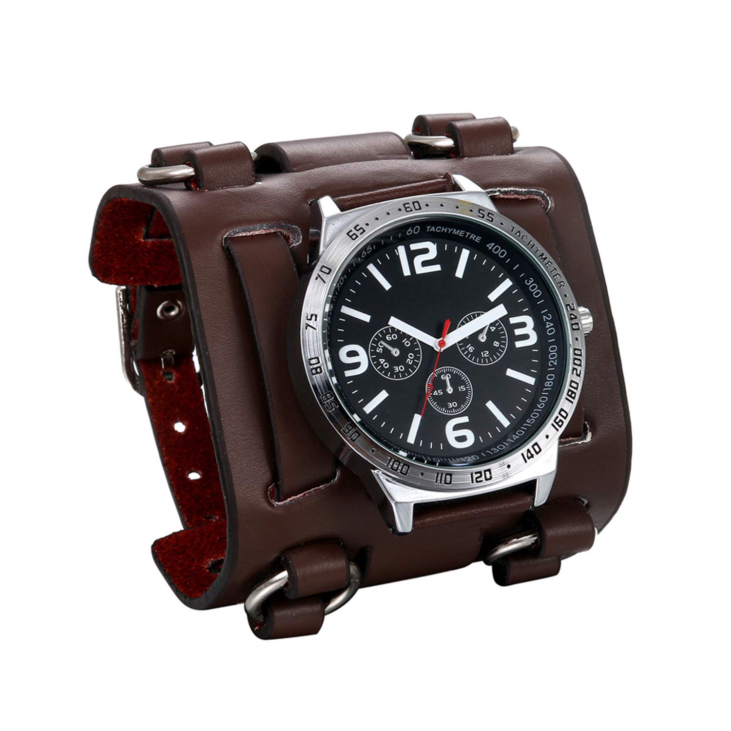 JewelryWe Mens Wirst Watch Hip-hop Gothic Punk 3 Eyes Quartz Watch Wide Genuine Leather Cuff Wirstwatch Black Brown
