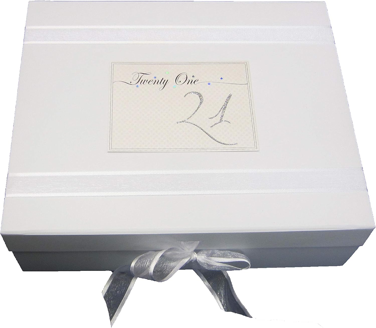 White Cotton Cards "Twenty One" Age 21 Birthday, Holographic Glitter & Stars Design Large Keepsake Box (LLN21X)