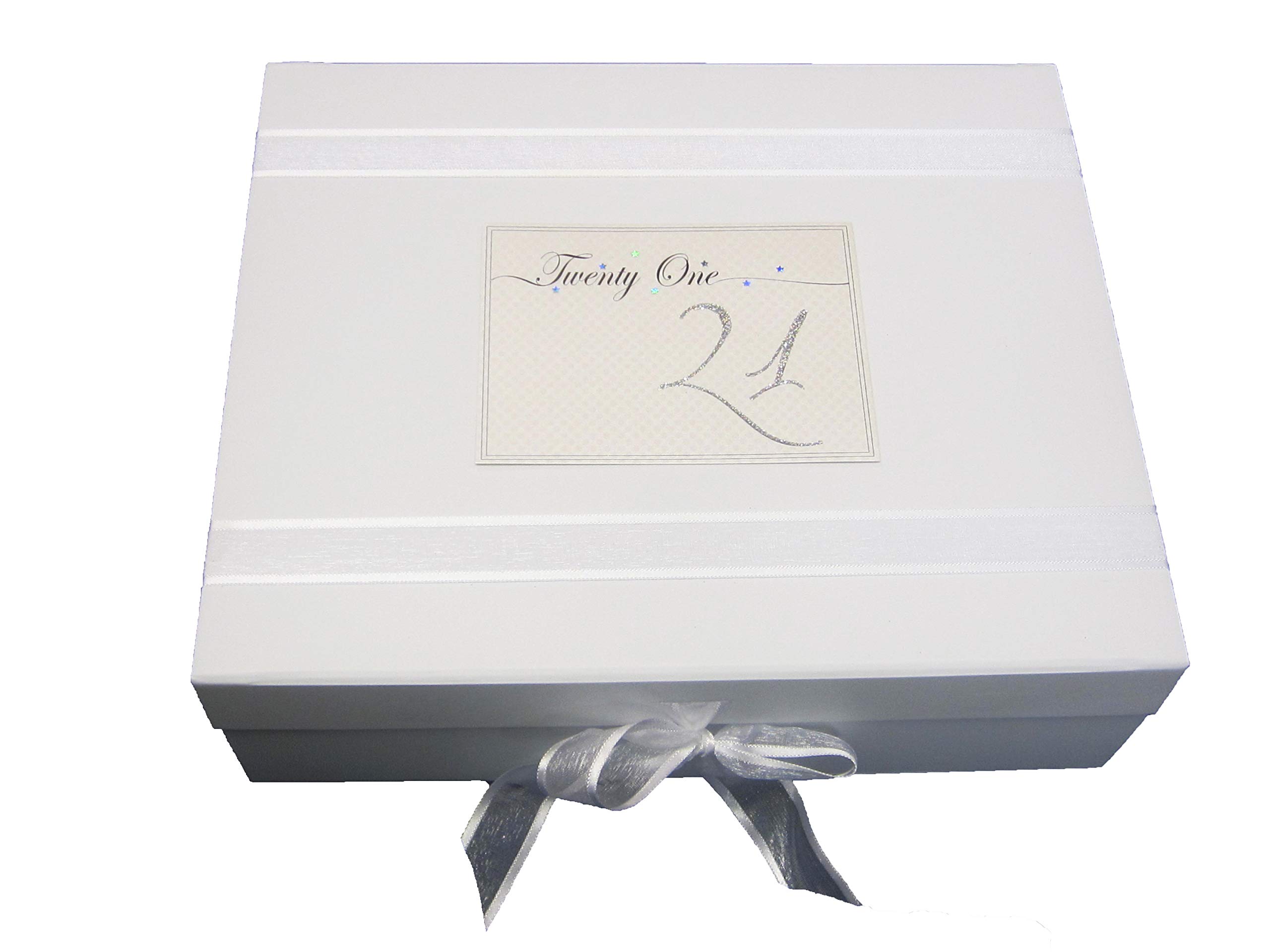 White Cotton Cards "Twenty One" Age 21 Birthday, Holographic Glitter & Stars Design Large Keepsake Box (LLN21X)