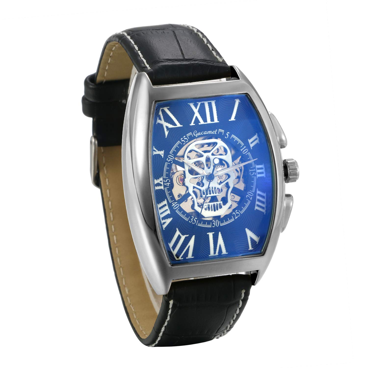 JewelryWe Mens Watches Automatic Mechanical Watch Roman Number Skull Square Dial Leather Wrist Watch