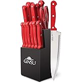 Ginsu Kiso 14-Piece Red Knife Set with Black Block - Dishwasher Safe and Always Sharp