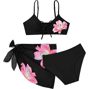 Ghteas Girls 3 Piece Bikini Set Print Swimsuit with Cover Up Skirt Wireless Beach Swimwear Summer Bathing Suit 7-16 Years