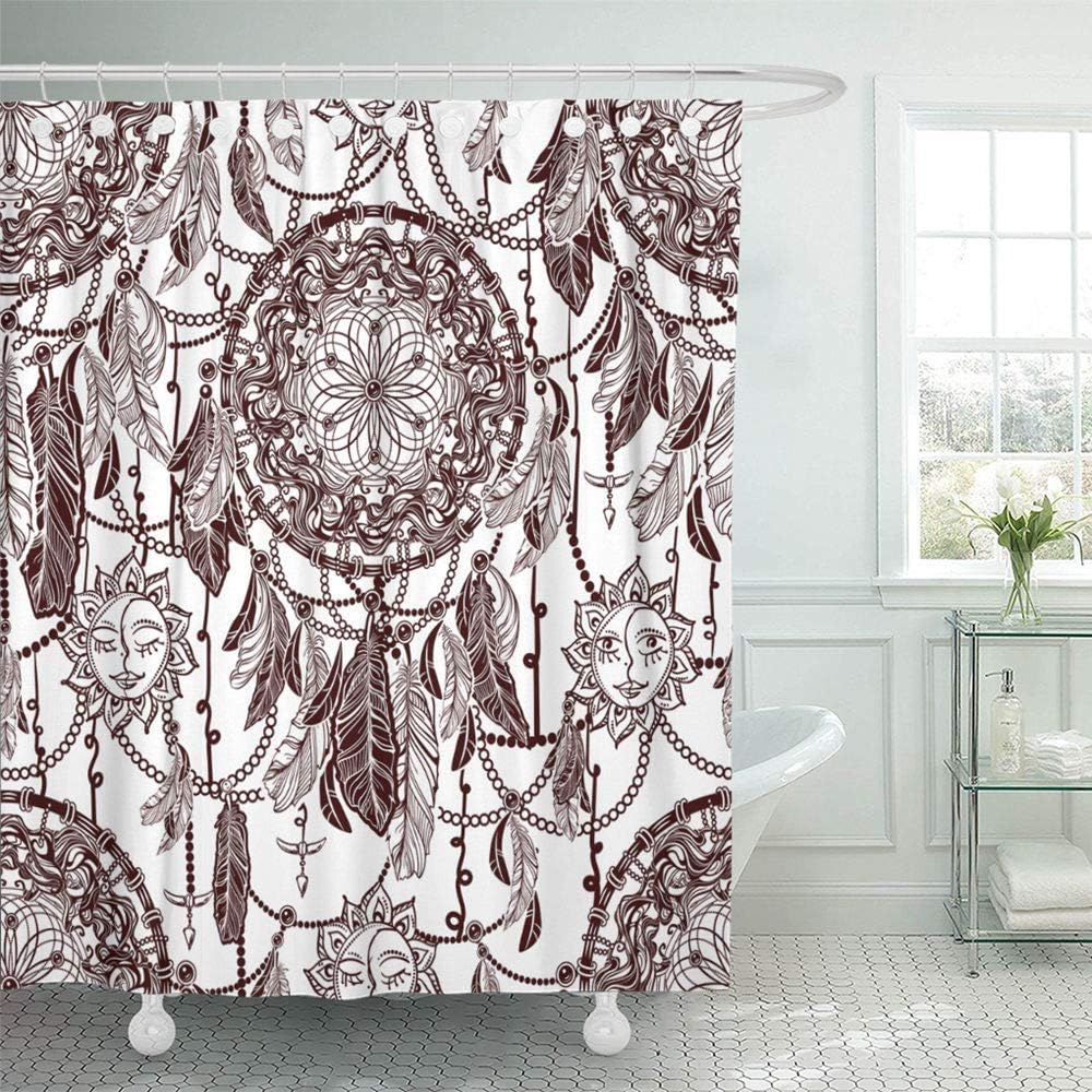 Shower Curtain Set Waterproof Adjustable Polyester Fabric Native American Indian Feathers and Dreamcatcher Ethnic Folk Tribal in Boho 72 x 84 Inches Set with Hooks for Bathroom