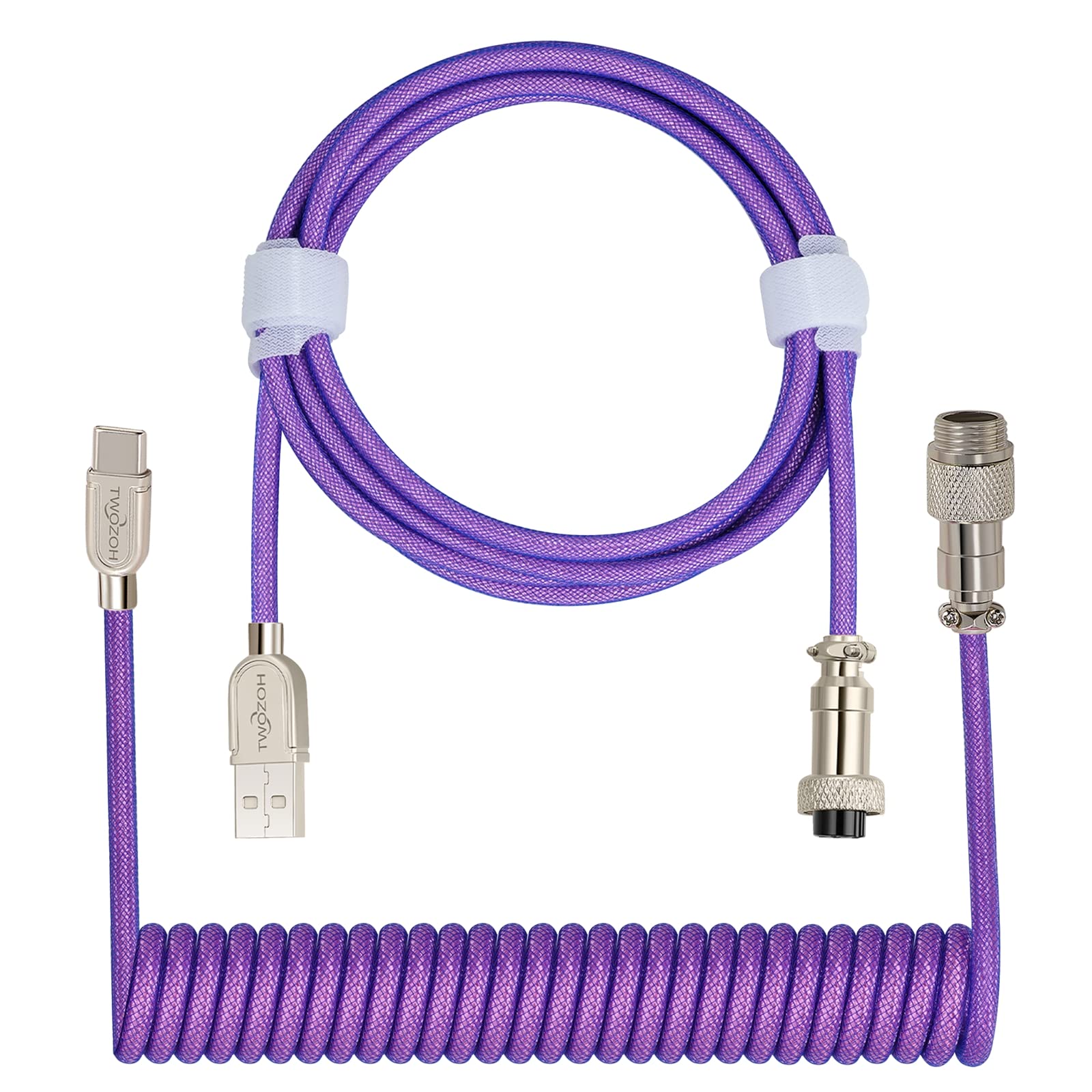 Twozoh USB C Mechanical Keyboard Coiled Cable, Braided Double Sleeved Type C Keyboard Detachable Aviator Cable (Purple) — image 1