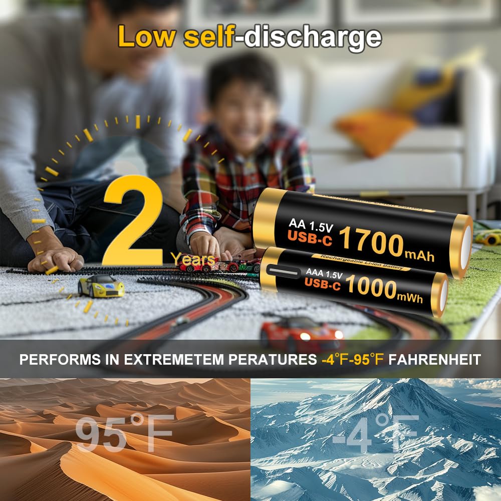 Rechargeable AA and AAA Lithium Batteries with USB-C Fast Charging 1000+ Cycles, 8pcs Combo Batteries Rechargeable Double A and Triple A 1.5V for Cameras