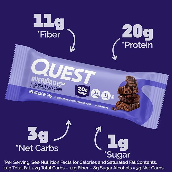 QUEST NUTRITION OVERLOAD PROTEIN BARS, CHOCOLATE EXPLOSION, 20G PROTEIN, 1G SUGAR, 3G NET CARBS, GLUTEN FREE, 12 COUNT