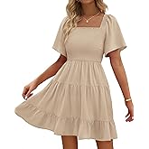 BTFBM Womens Summer Smocked Mini Dress Spring Square Neck Flutter Sleeve Casual Ruffle Swing Boho Beach Dresses Pockets